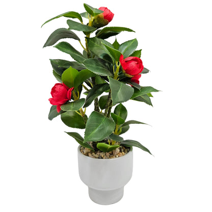 Artificial Camellia Tree, Faux Camellia Plant in Pot with 24 Flowers, Natural Trunk, Rain Flower Pebbles, Greenery Decorative Camellia Tree for Home, Shop & Office, Red