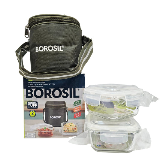 Borosil 2pcs set  Microwaveable Glass Square Lunch box with airtight lids