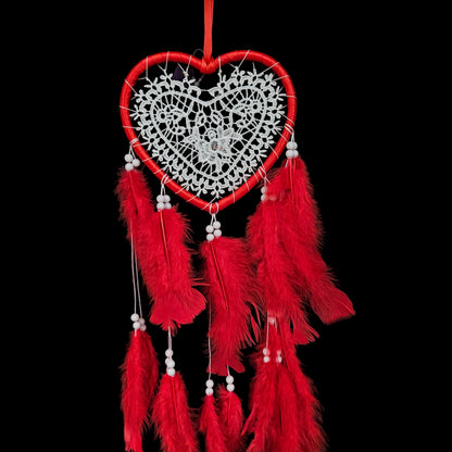 Red Heart Shaped Dream Catcher Hangings for Positivity Feather Dream Catcher Ornament Indian Style Cute Ornaments Home Decoration Gift