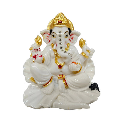 White resin Ganesha idol with a golden crown and accents god Idol