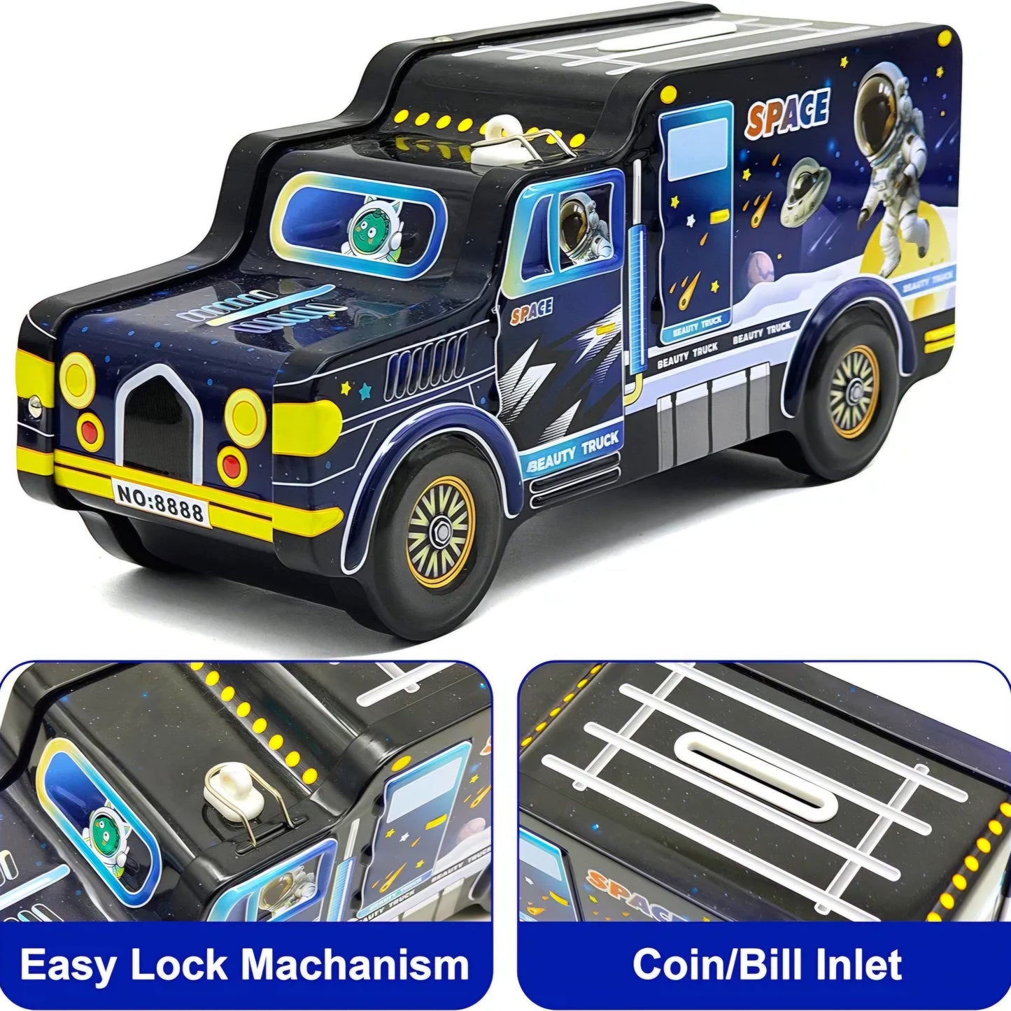 Space Theme Metal Bus Piggy Bank Toy for Kids - Cute Money Safe with Lock and 2 Keys - Gullak Coin Box Gift for Boys and Girls