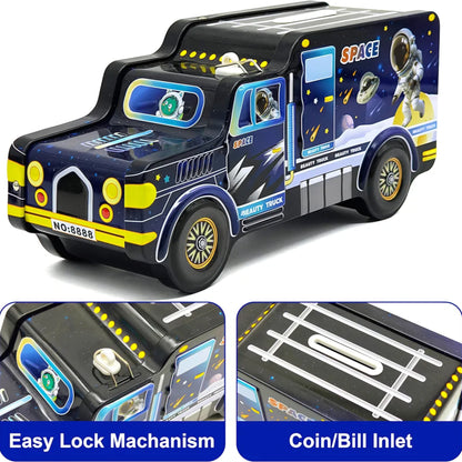 Space Theme Metal Bus Piggy Bank Toy for Kids - Cute Money Safe with Lock and 2 Keys - Gullak Coin Box Gift for Boys and Girls