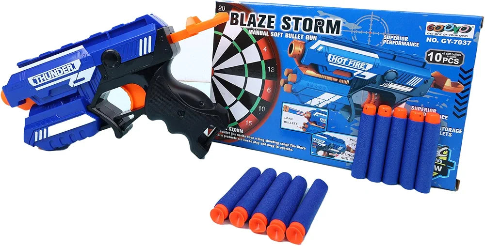 Blaze Storm Manual Soft Bullet Gun, a toy gun that shoots soft foam bullets.
