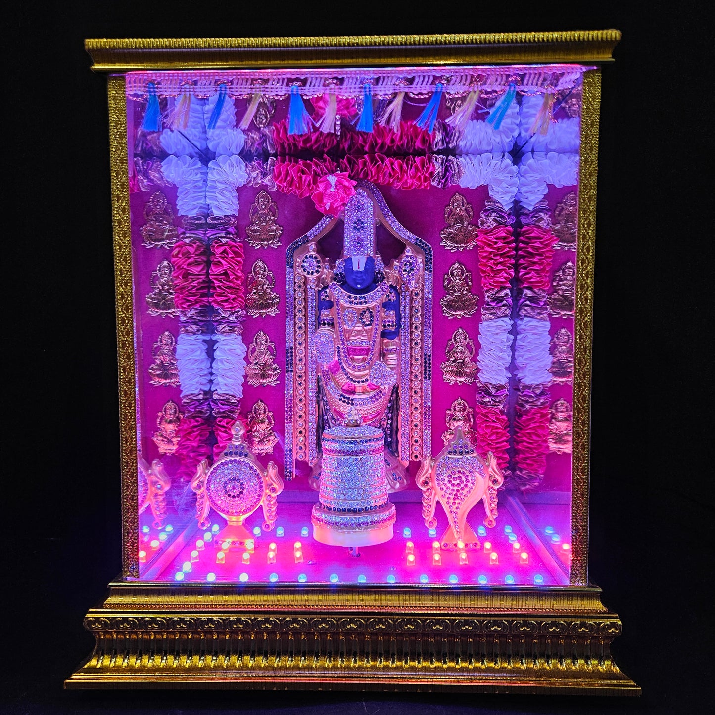 Tirupati Balaji,crown,Shank&Chakra decorated with attractive stones,slokam & multi colour lighting Cabin idol perfect for Marriage gifting,house warming