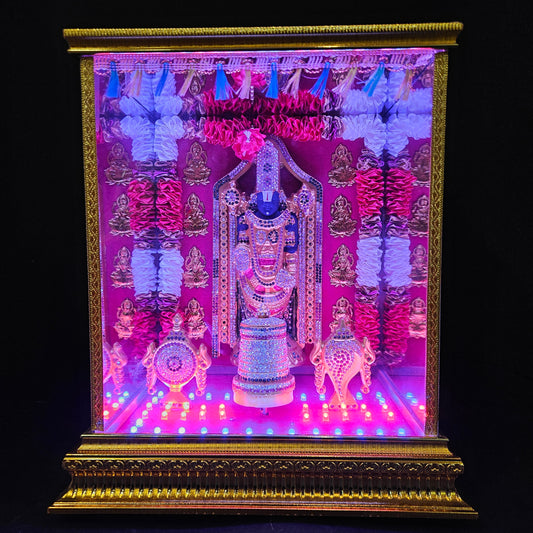 Tirupati Balaji,crown,Shank&Chakra decorated with attractive stones,slokam & multi colour lighting Cabin idol perfect for Marriage gifting,house warming
