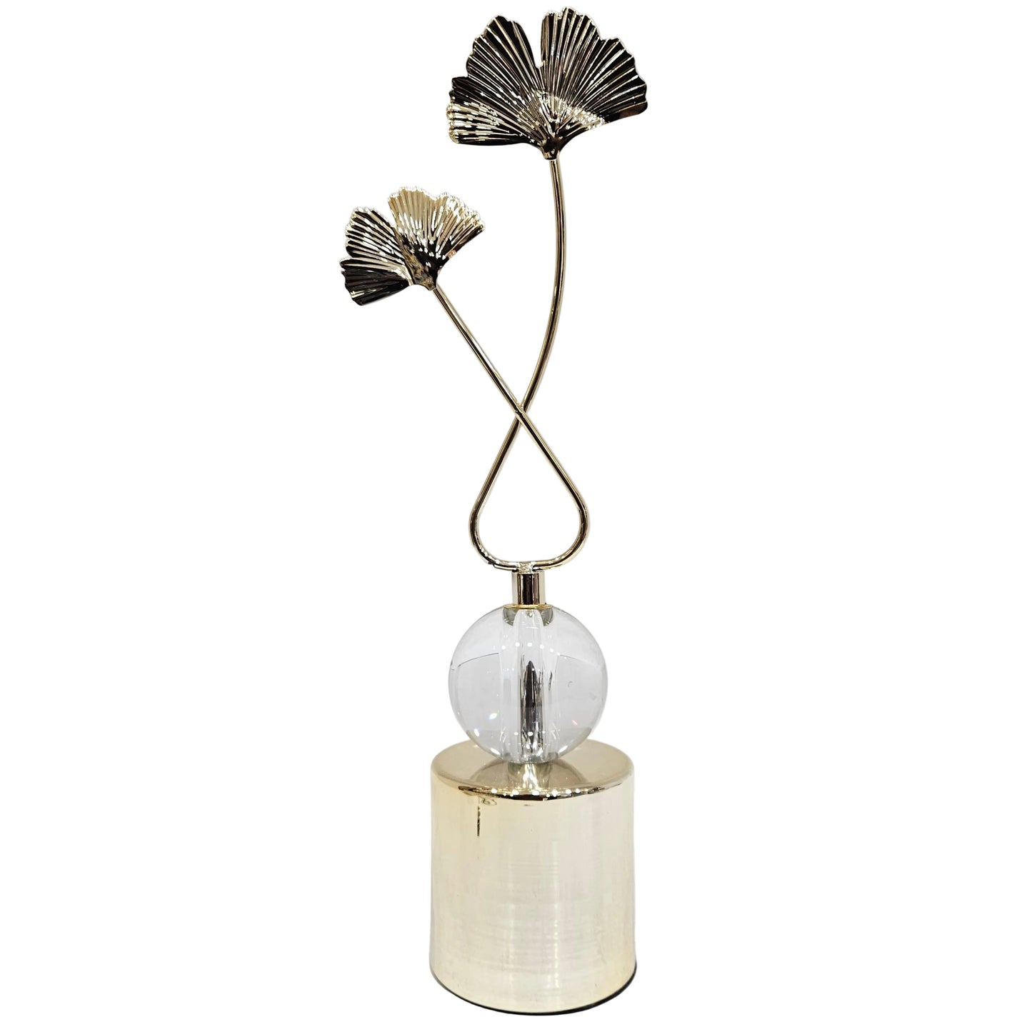 Gold-tone metal ginkgo leaf sculpture features a unique central crystal ball accent