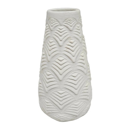 White ceramic bud vase with prominent textured zigzag chevron pattern design flower vase