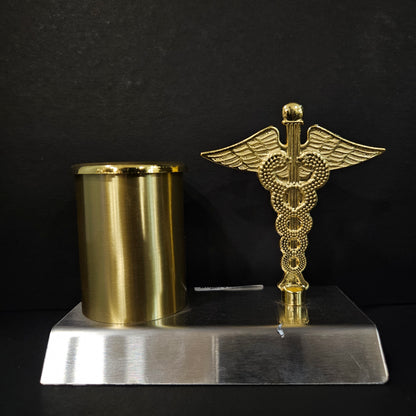 Personalized Metal Pen Pencil Holder Stand Desk Organizer with Attached Doctor Symbol Caduceus for Doctor's Desk with Name Engraved on it, Gold And Silver