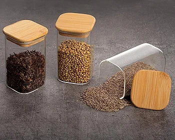 Glass Small Jar Set With Wooden Lid And Tray For Storing Spices Ghee Pickle Masalas Storage Jar Kitchen Organizer 280ml,Pack of 3 Jar