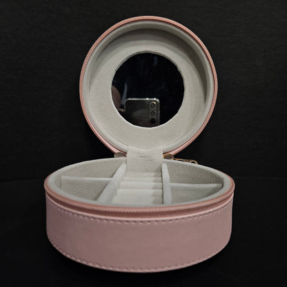 Pink Travel Jewelry Box Mini Portable Organizer Travel Case with Zipper PU Leather Small Storage Boxes Round Earrings Box for Women Gilrs Gift