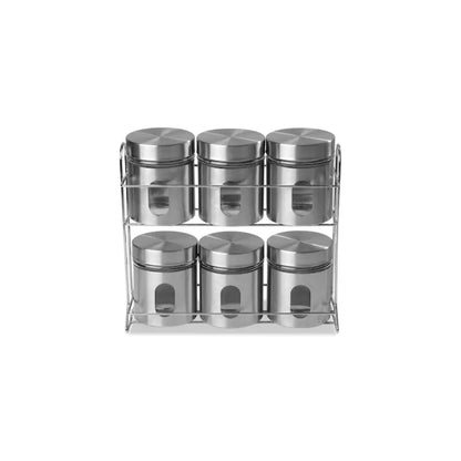 Stainless Steel and Glass Canister Set, 6 Pieces, with Rack for Spices or Grains, Kitchen Organisation