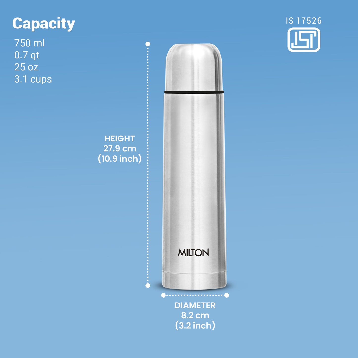Milton Thermosteel Flip Lid Flask, 1000 milliliters, Silver Single Walled Stainless Steel Fridge Water Bottle, 750ml,Water Bottle