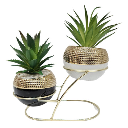Artificial Succulent Plants with Dual Ceramic Pots & Gold Metal Stand, Modern Tabletop Planter Set for Home, Office, Living Room Decor, Decorative Plants for Shelf & Gifting