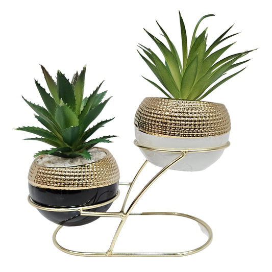 Artificial Succulent Plants with Dual Ceramic Pots & Gold Metal Stand, Modern Tabletop Planter Set for Home, Office, Living Room Decor, Decorative Plants for Shelf & Gifting