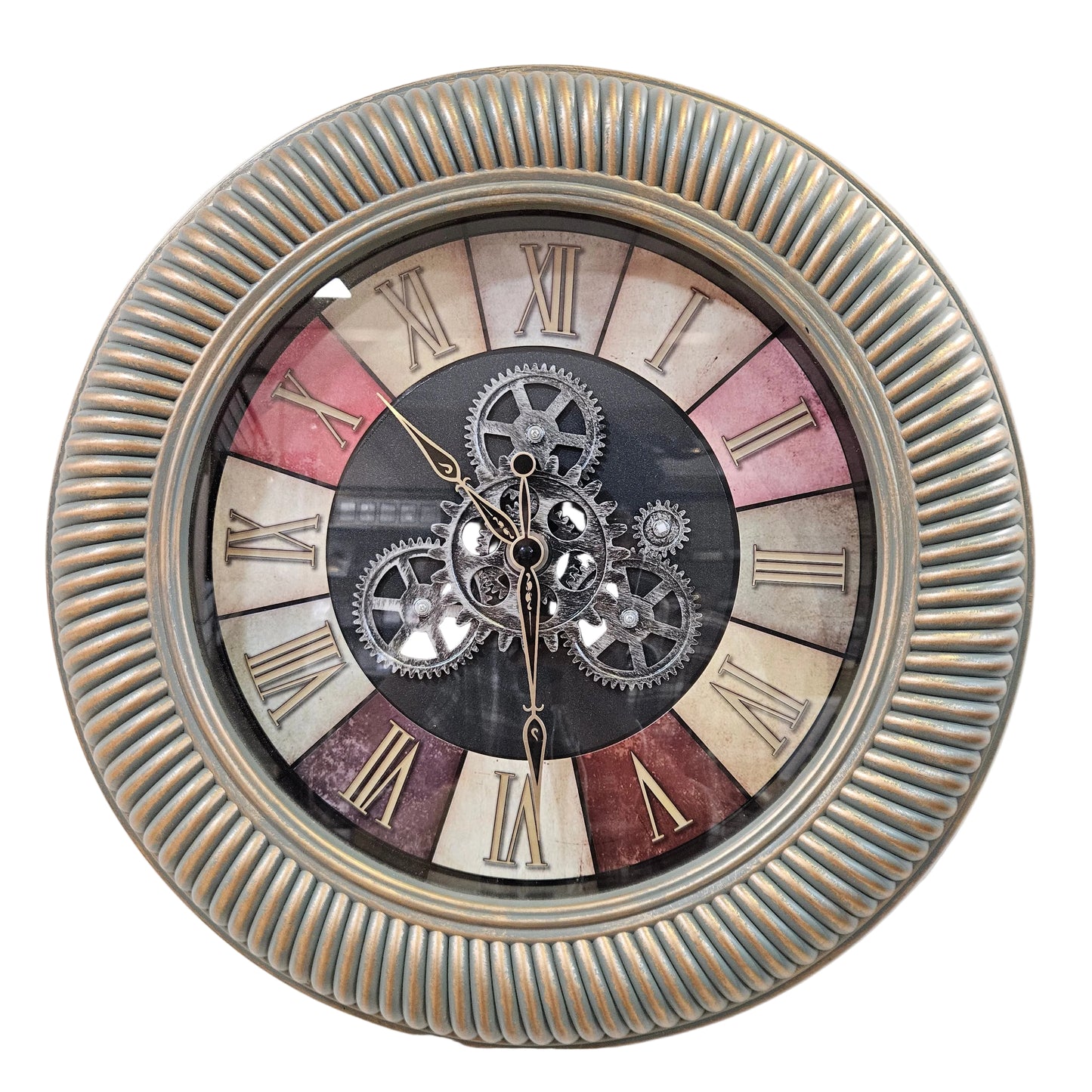 Industrial Steampunk Wall Clock Large Battery Operated Moving Gear Wall Clock with Real Rotating Gears, Silent Quartz Movement, Oversized Metal Frame for Living Room