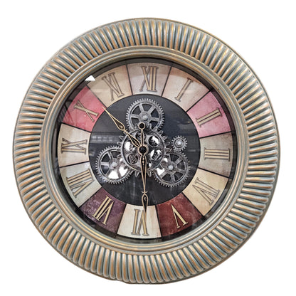 Industrial Steampunk Wall Clock Large Battery Operated Moving Gear Wall Clock with Real Rotating Gears, Silent Quartz Movement, Oversized Metal Frame for Living Room