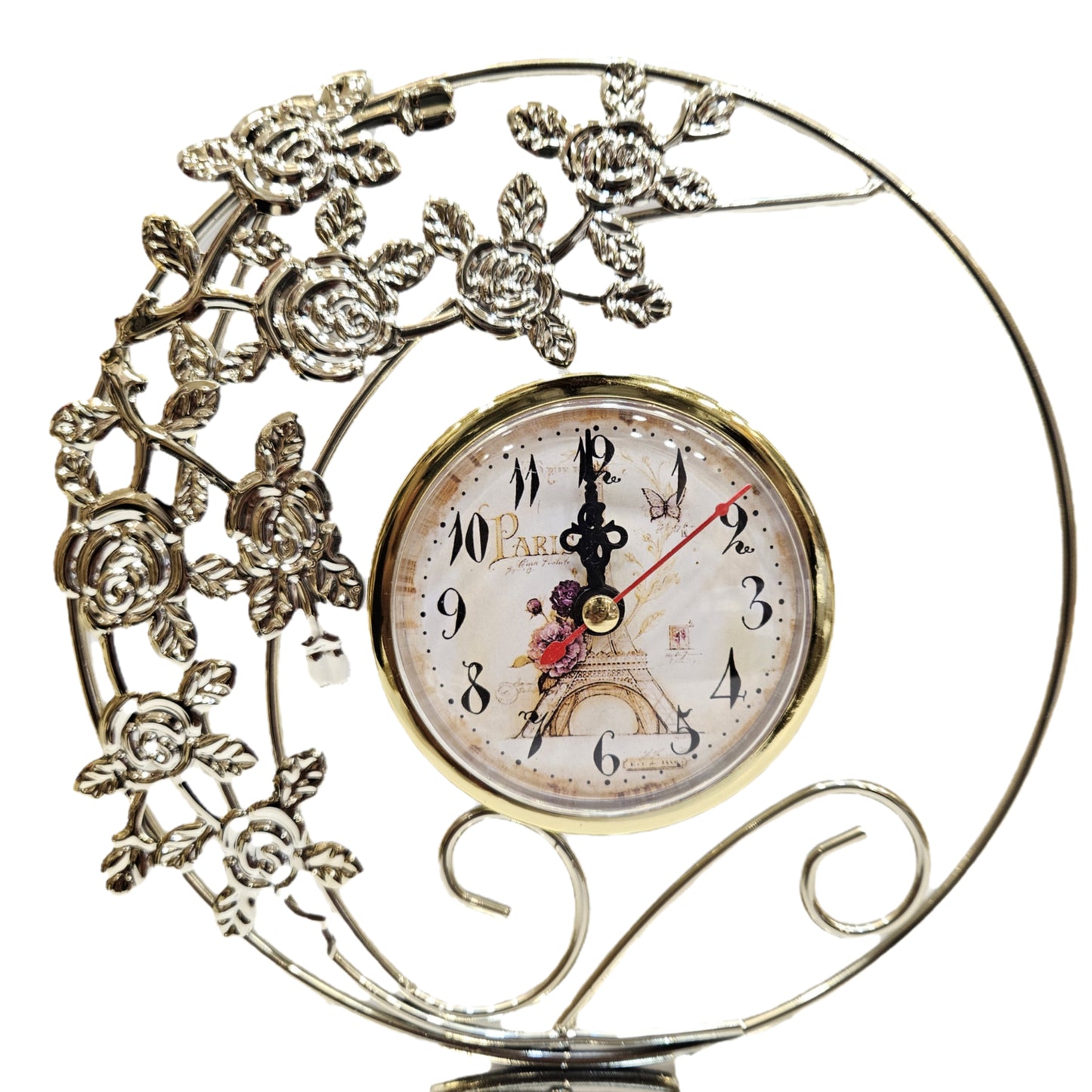 Decorative table clock with rose design, modern metal tabletop or desk clock Showpiece Figurine