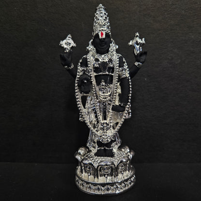 India Lord Tirupati Balaji Silver Plated Black Idol with Golden Jewelry Work Balaji Idol for Car Dashboard Venkateswara Swamy Murti for Home Srinivasa Statue for Mandir