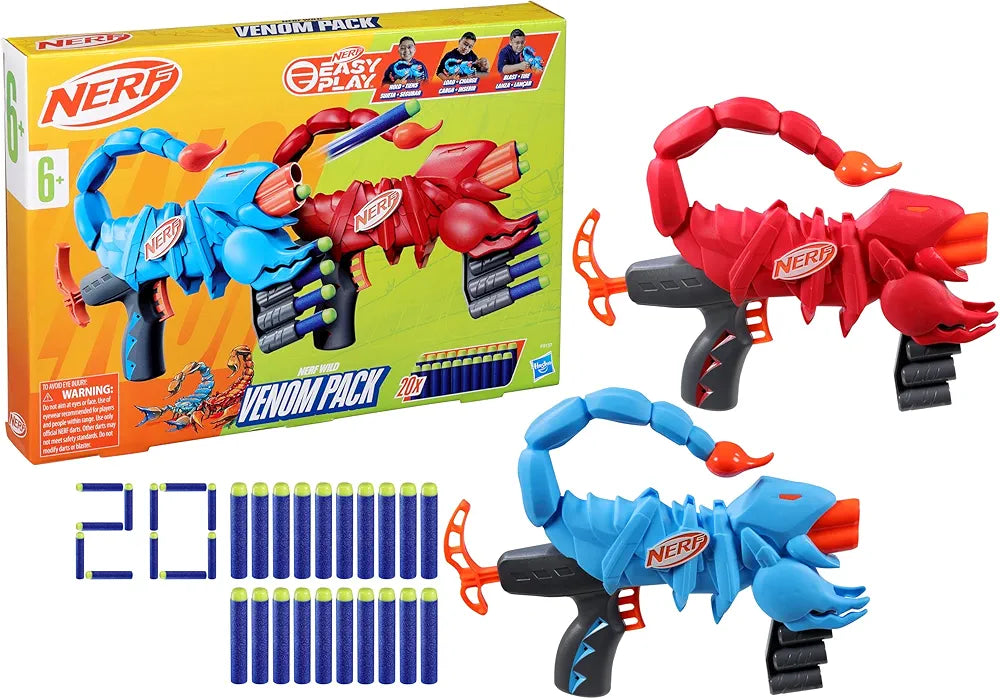 Nerf Wild Venompack, Includes 2 Easy Play Nerf Blasters, Scorpion Designs, 20 Nerf Elite Darts, Snake Toys, Ages 6 years above