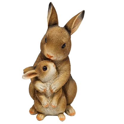 Resin rabbit family statue features a mother bunny holding her baby, designed for both indoor and outdoor