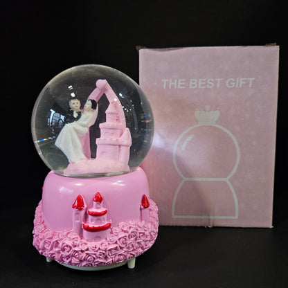 Beautiful married couple with Castle themed multi colour lighting snow Globe