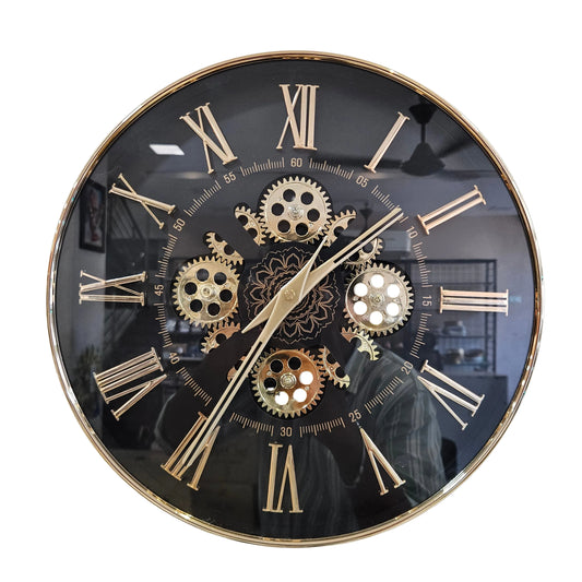 Decorative clock with mechanical gears and Roman numerals on a black face.