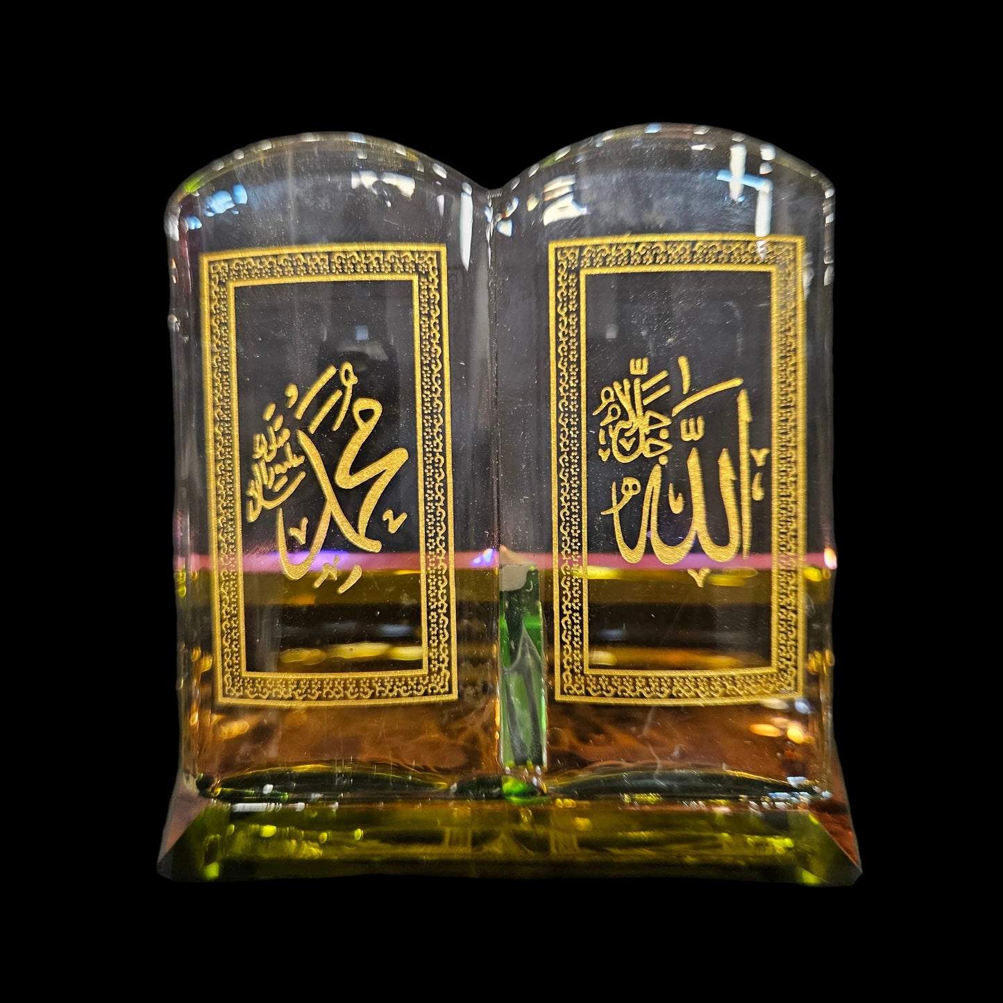 Crystal Glass Holy Quran Collectible Showpiece - Divine Names Allah and Mohammed, Desktop Decor