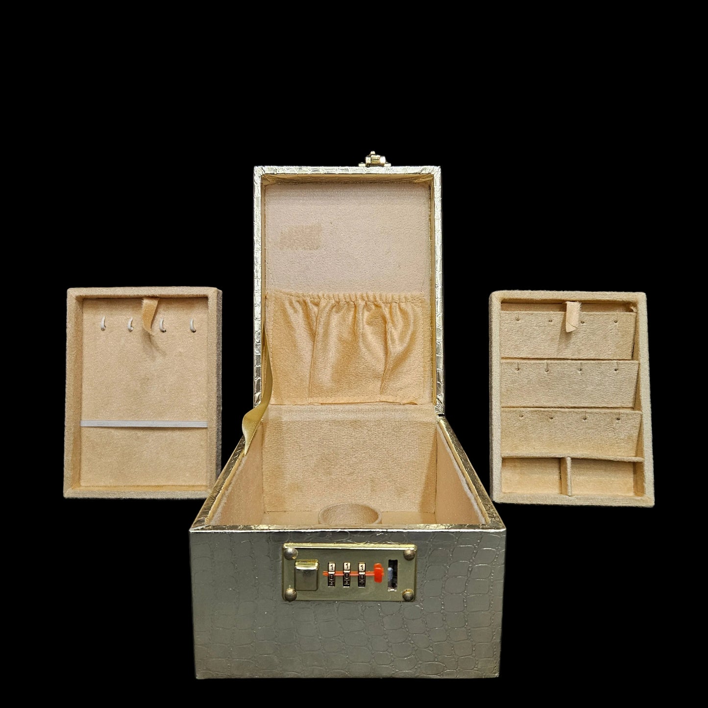 Luxurious Gold Jewelry Box with Combination Lock, Textured Pattern Storage Case, Beige Velvet Interior, Multiple Compartments for Rings, Necklaces