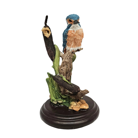 kingfisher statue features a vibrant blue and orange bird perched on a log with reeds Showpiece Figurine