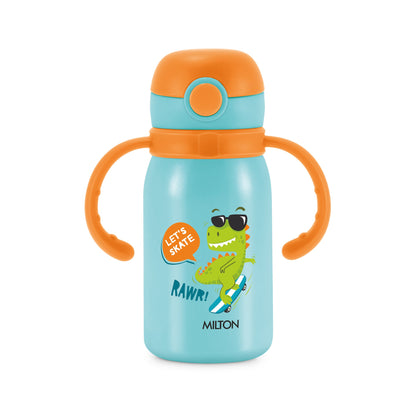 Children's water bottle with dinosaur design and orange handles on a white background