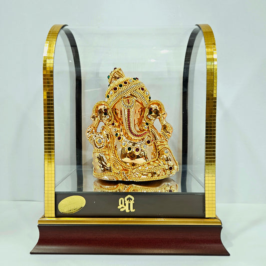 Imported 24carat Gold Plated Cabin Idol with stones Decorated of Ganesha with Full Decorate for Puja Room Or Home Decor