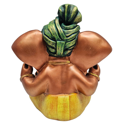 polyresin Ganesh idol featuring a prominent green turban pagadi and copper-toned finish