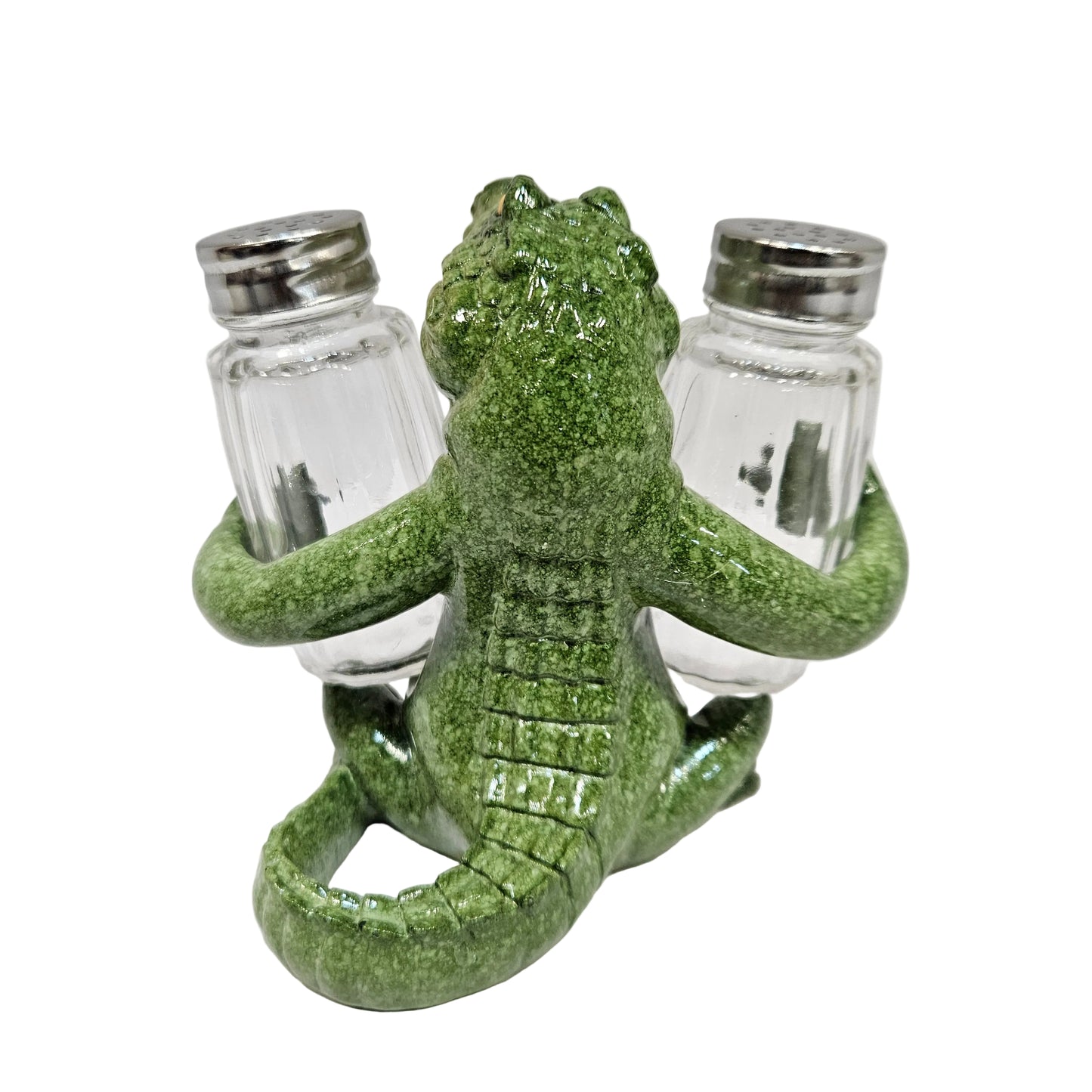 Decorative salt and pepper shaker set featuring a green alligator figurine for Dining table decor