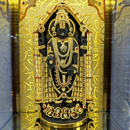 24carats gold Plated Lord Balaji Idol Decorated with attractive stones design Statue Showpiece in a transparent protective cabin
