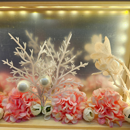 Decorative wooden panel with artificial flowers and LED electric lamp