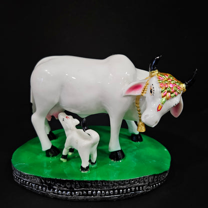 Cow & Calf Statue in Marble Dust, Cow Idol, Showpiece for Home Decor, Handmade Divine Cow, Mother Cow with Baby Calf, kamdhenu