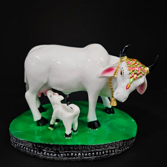 Cow & Calf Statue in Marble Dust, Cow Idol, Showpiece for Home Decor, Handmade Divine Cow, Mother Cow with Baby Calf, kamdhenu