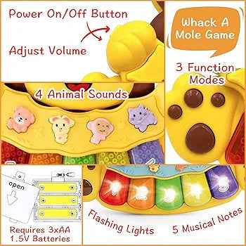 Adorable baby lion piano, 5 numbered and different color light keys, musical toy to play and teach the baby with 3 game modes, interactive toy for 12 months old babies