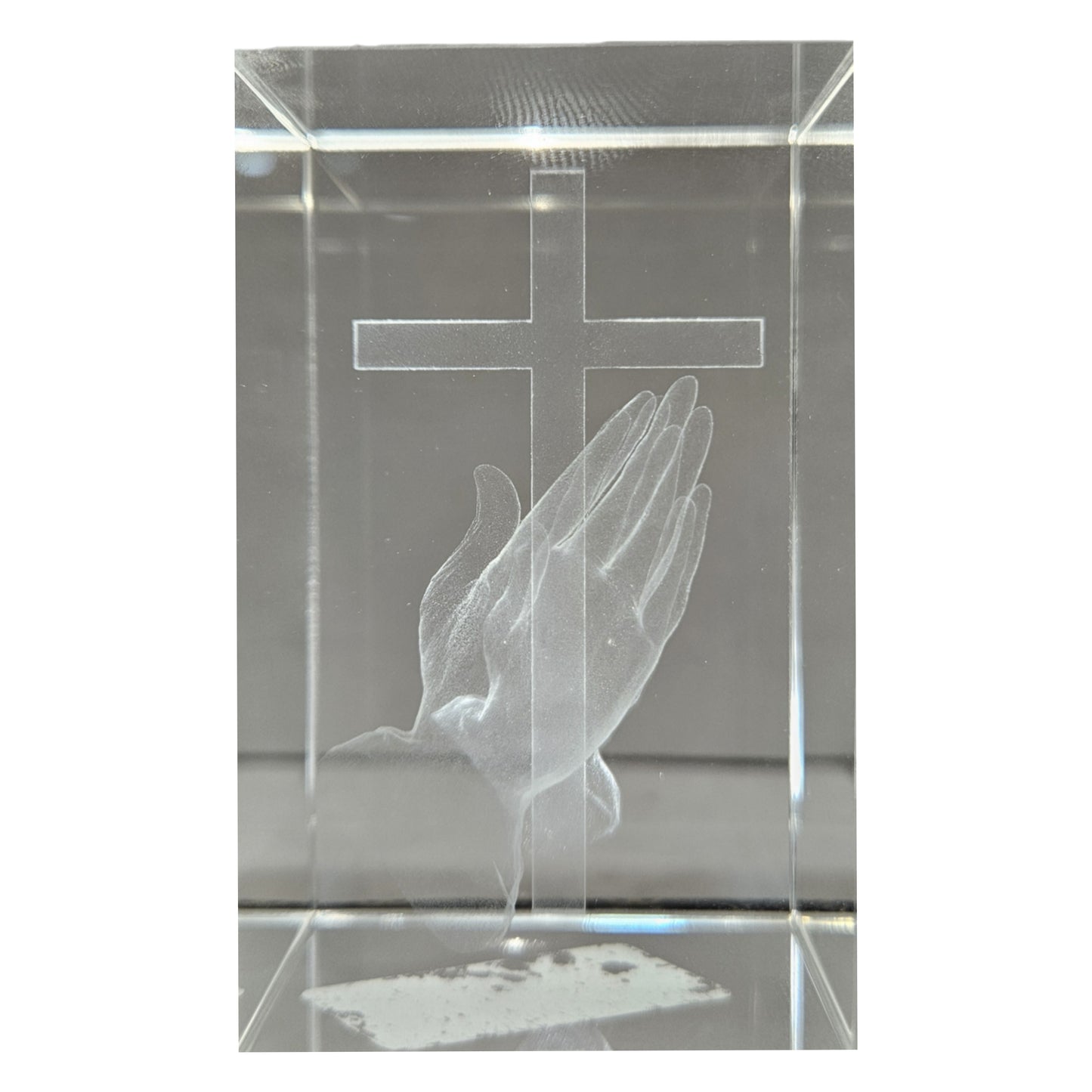 3D laser-engraved crystal cube featuring praising hands with cross Showpiece Figurine