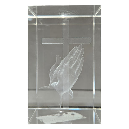 3D laser-engraved crystal cube featuring praising hands with cross Showpiece Figurine