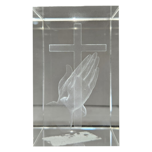 3D laser-engraved crystal cube featuring praising hands with cross Showpiece Figurine