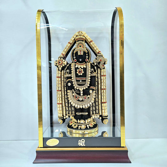 Lord Balaji decorated with attractive stones designed 24carats gold Plated idol Statue in transparent protective cabin
