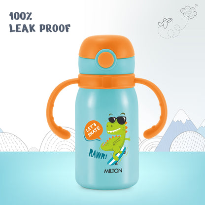 Leak-proof sippy cup with dinosaur design on a light blue background
