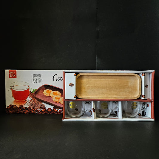 Topaz Crystals CostaRica 3 pieces Glass tea cups & 1 wooden serving tray