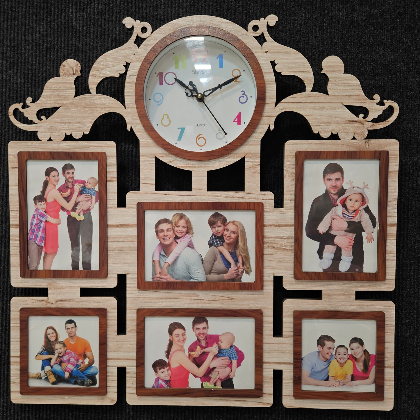 Wooden Designer Artistic Family Photo Frame and Collage Photo Frame with Wall Clock for Home Decoration and for Luxury Gifts