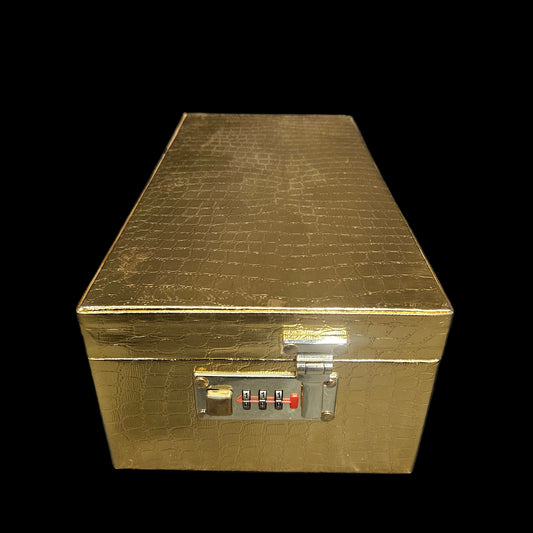 Luxurious Gold Jewelry Box with Combination Lock, Textured Pattern Storage Case, Beige Velvet Interior, Multiple Compartments for Rings, Necklaces