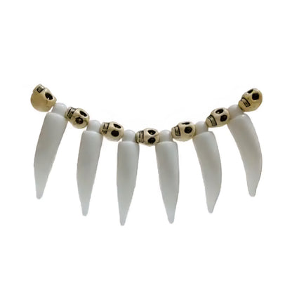 Gothic Skull and Fang Statement Necklace, White Resin Teeth with Gold Skull Beads, Black Chain
