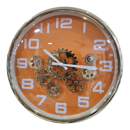 Decorative Gear Wall Clock Orange & Gold, Rotating Gears, Steampunk-Inspired Design, Quartz Movement, Premium Wall Decor for Living Room