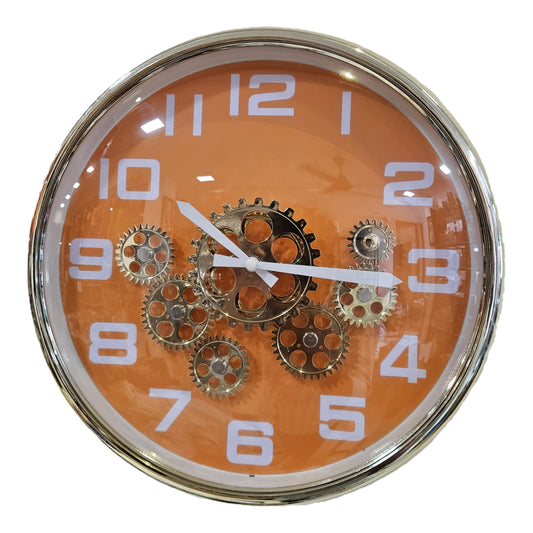 Decorative Gear Wall Clock Orange & Gold, Rotating Gears, Steampunk-Inspired Design, Quartz Movement, Premium Wall Decor for Living Room
