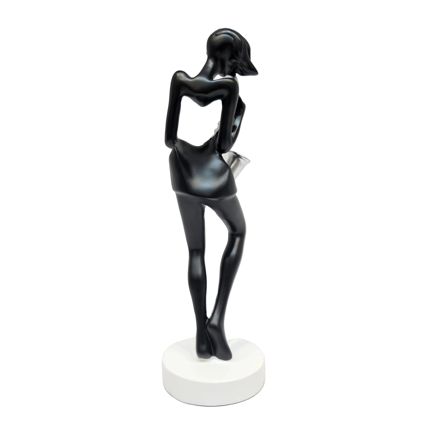 polyresin statue depicts a saxophone player in a black and silver finish, standing approximately tall on a white base